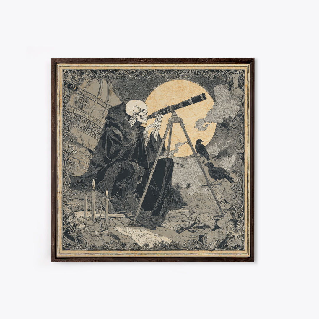 The Skull Astronomer, Decadent Line Art, Square Wall Art, Dark Fantasy Wall Art, Framed Canvas Print, Halloween Wall Art