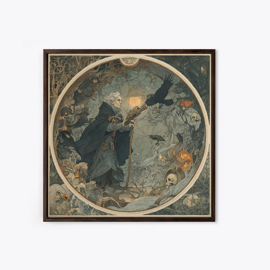 The Skull Astronomer, Gothic Storybook Art, Square Wall Art, Macabre Wall Art, Framed Canvas Print, Halloween Wall Art