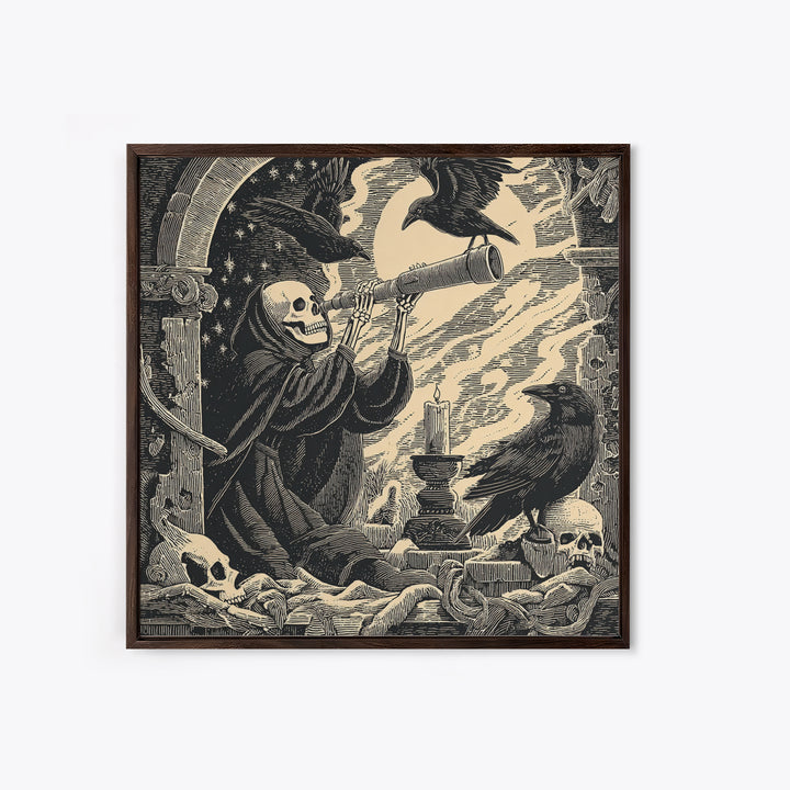 The Skull Astronomer, Macabre Folk Print Art, Square Wall Art, Gothic Horror Wall Art, Framed Canvas Print, Halloween Wall Art