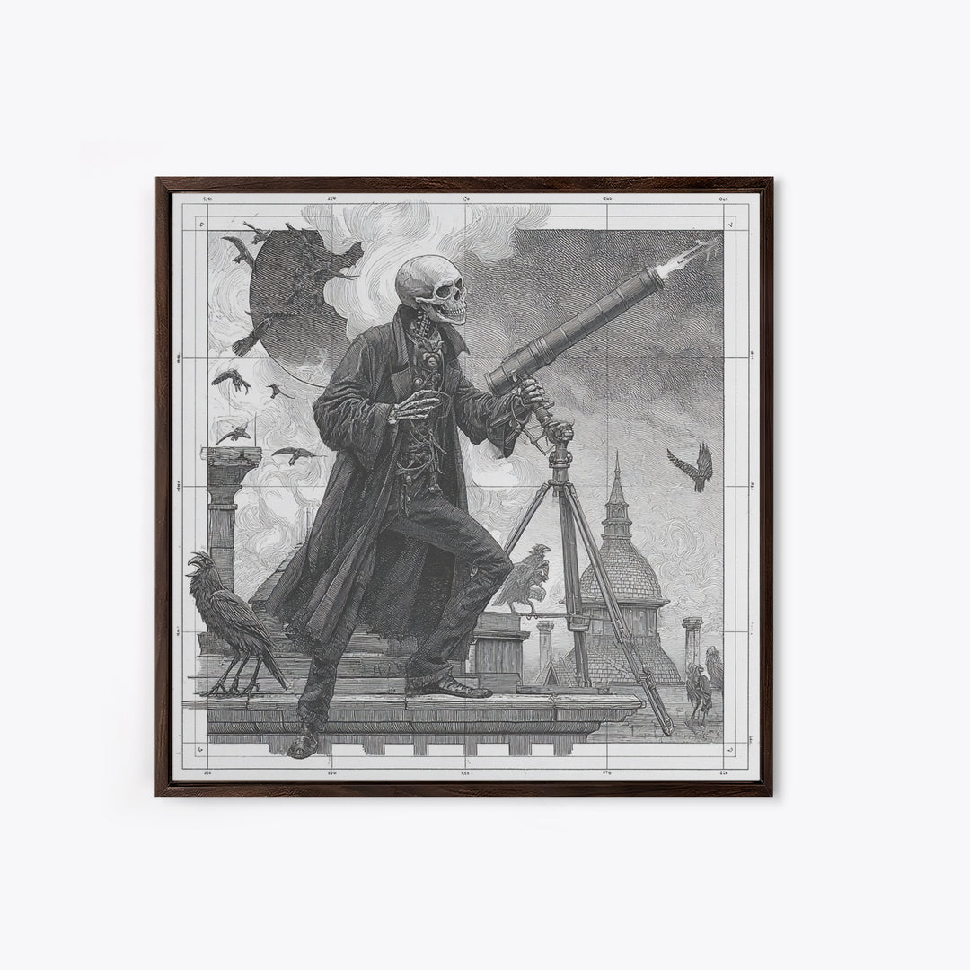 The Skull Astronomer, Victorian Macabre Art, Square Wall Art, Macabre Wall Art, Framed Canvas Print, Halloween Wall Art