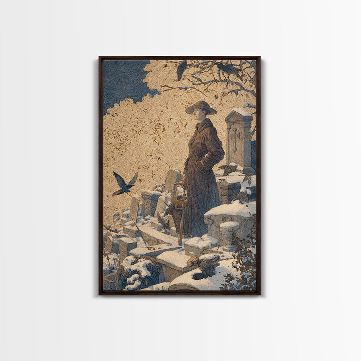 The Cemetery Beekeeper, Symbolist Death Art, Vertical Wall Art, Dark Halloween Decor, Framed Canvas Print, Halloween Wall Art