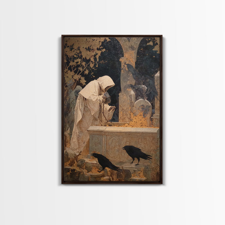 The Cemetery Beekeeper, Symbolist Etching Art, Vertical Wall Art, Dark Fantasy Wall Art, Framed Canvas Print, Halloween Wall Art