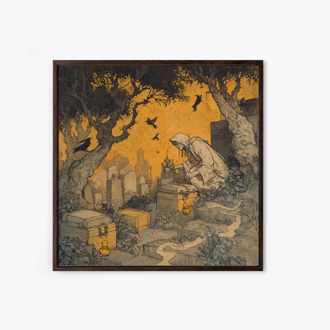 The Cemetery Beekeeper, Gothic Storybook Art, Square Wall Art, Dark Halloween Decor, Canvas Print, Halloween Wall Art