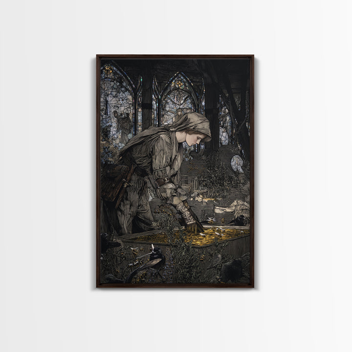 The Cemetery Beekeeper, Stained Glass Gothic Art, Vertical Wall Art, Dark Halloween Decor, Framed Canvas Print, Halloween Wall Art