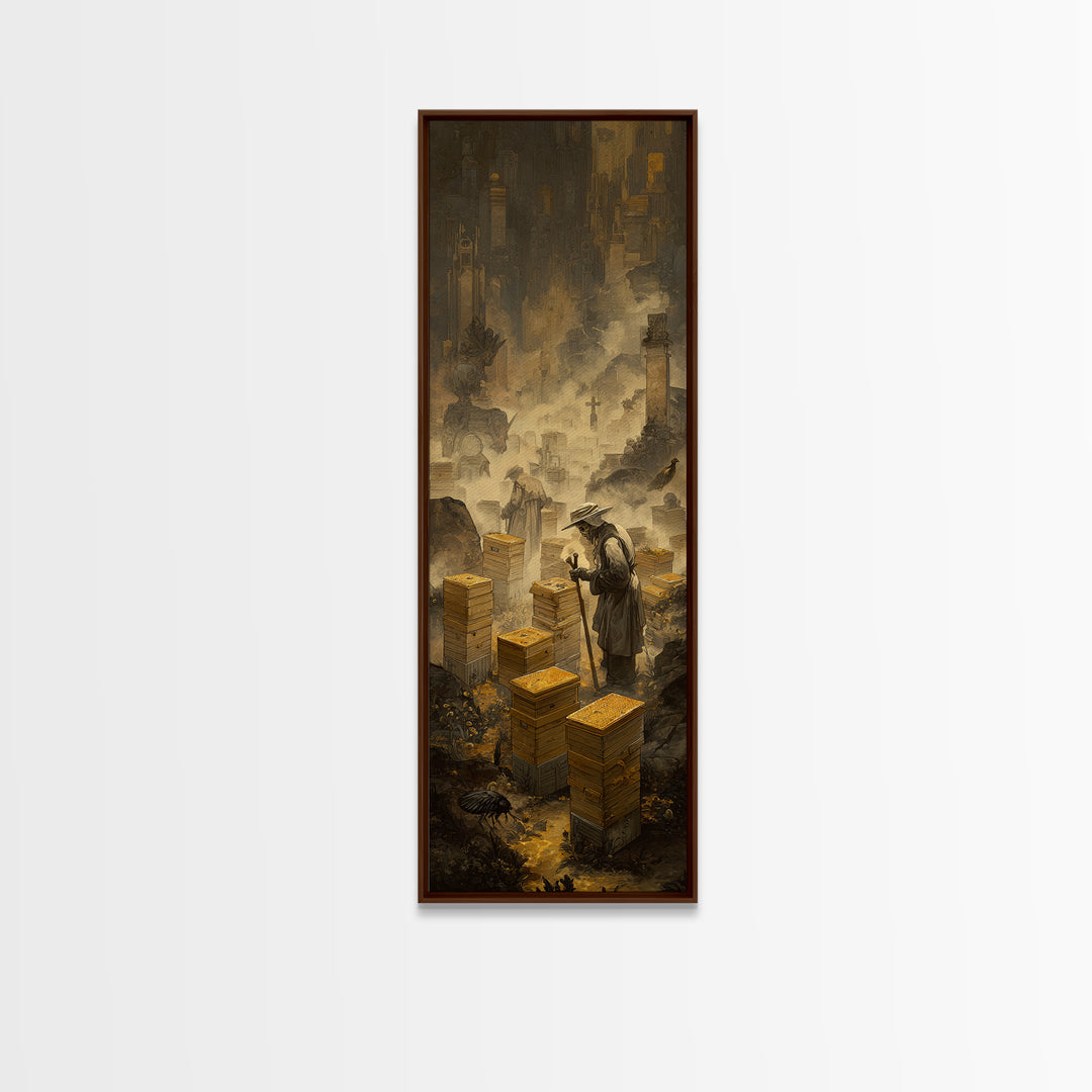 The Cemetery Beekeeper, Surreal Apocalyptic Art, Tall Narrow Wall Art, Dark Fantasy Wall Art, Framed Canvas Print, Macabre Wall Art
