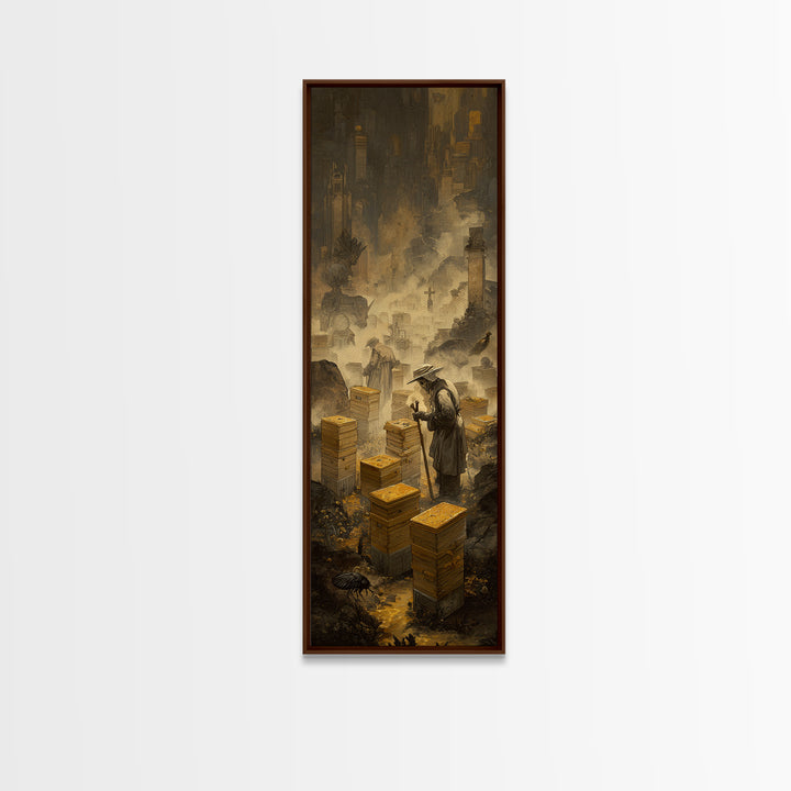 The Cemetery Beekeeper, Surreal Apocalyptic Art, Tall Narrow Wall Art, Dark Fantasy Wall Art, Framed Canvas Print, Macabre Wall Art