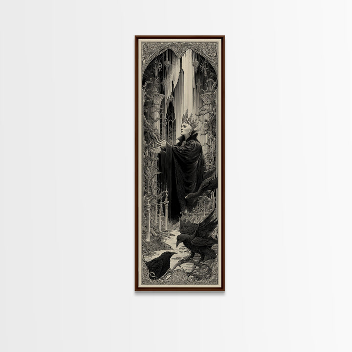 The Thorn-Crowned King, Gothic Engraving Art, Tall Narrow Wall Art, Dark Halloween Decor, Framed Canvas Print, Halloween Wall Art