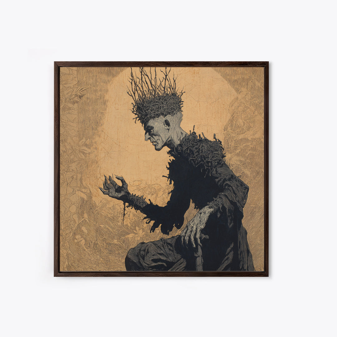 The Thorn-Crowned King, Symbolist Etching Art, Square Wall Art, Dark Halloween Decor, Framed Canvas Print, Halloween Wall Art