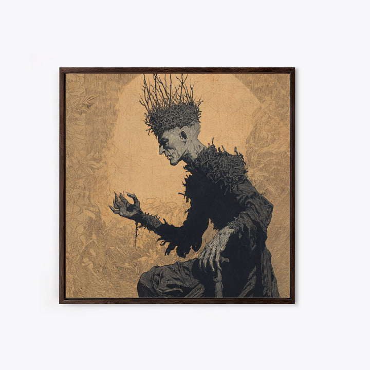 The Thorn-Crowned King, Symbolist Etching Art, Square Wall Art, Dark Halloween Decor, Framed Canvas Print, Halloween Wall Art