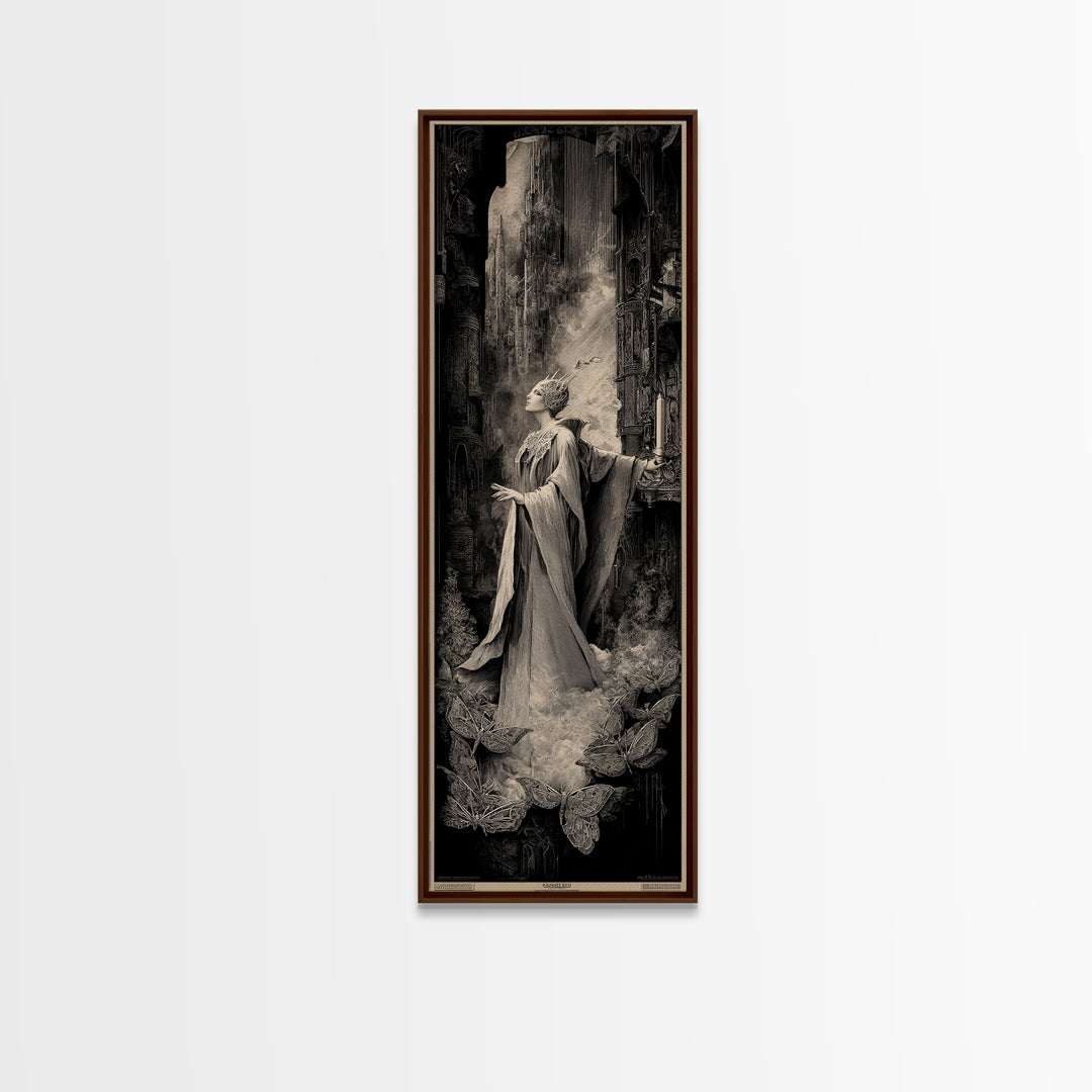 The Moth-Winged Empress, Gothic Engraving Art, Tall Narrow Wall Art, Dark Fantasy Wall Art, Framed Canvas Print, Halloween Wall Art