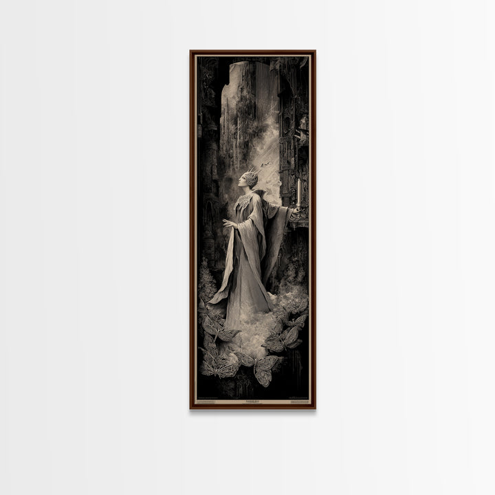 The Moth-Winged Empress, Gothic Engraving Art, Tall Narrow Wall Art, Dark Fantasy Wall Art, Framed Canvas Print, Halloween Wall Art