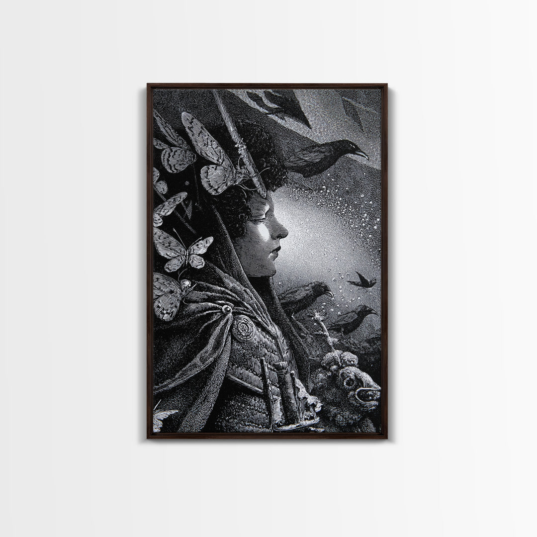 The Moth-Winged Empress, Renaissance Engraving Art, Vertical Wall Art, Macabre Wall Art, Framed Canvas Print, Halloween Wall Art