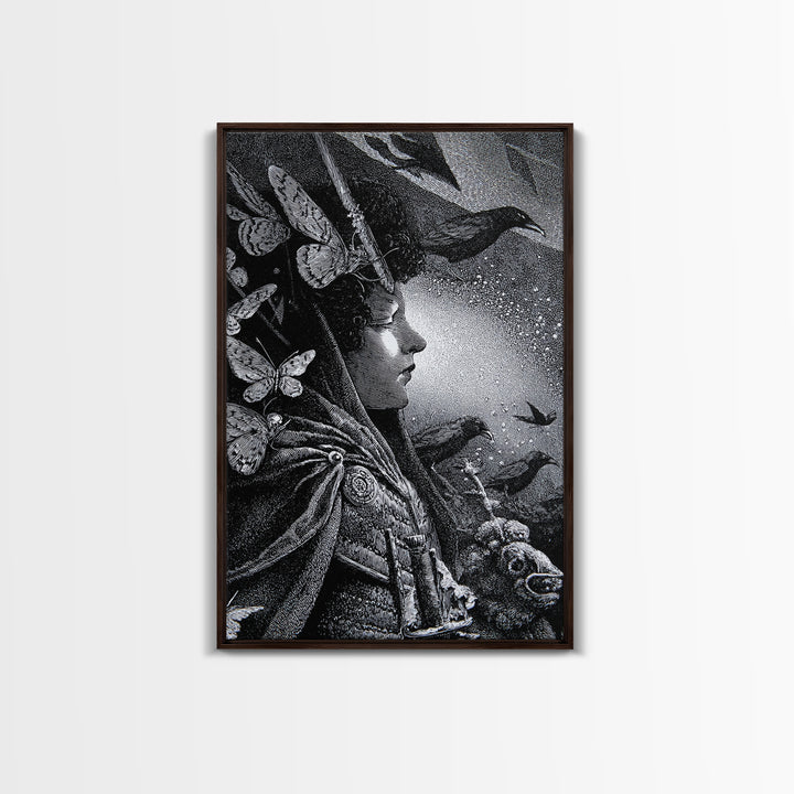 The Moth-Winged Empress, Renaissance Engraving Art, Vertical Wall Art, Macabre Wall Art, Framed Canvas Print, Halloween Wall Art