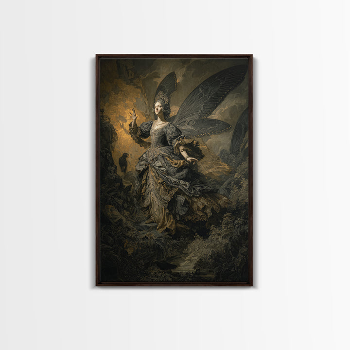 The Moth-Winged Empress, Baroque Witchcraft Art, Vertical Wall Art, Dark Halloween Decor, Framed Canvas Print, Halloween Wall Art