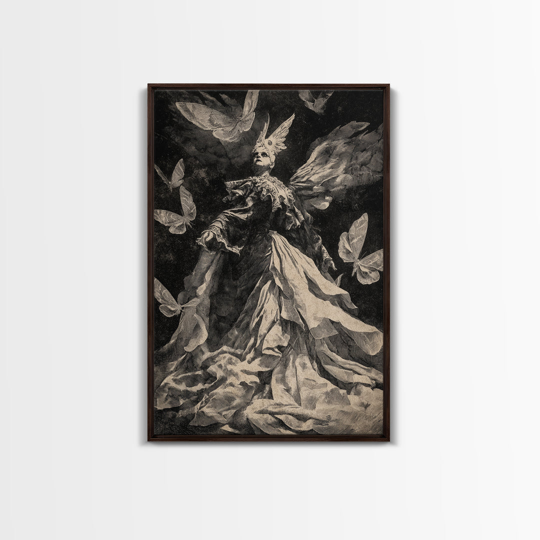 The Moth-Winged Empress, Dark Romantic Horror Art, Vertical Wall Art, Dark Fantasy Wall Art, Framed Canvas Print, Halloween Wall Art