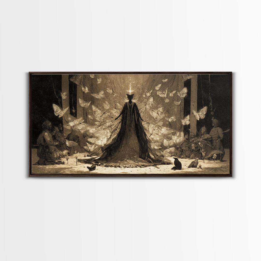 The Moth-Winged Empress, Expressionist Nightmare Art, Wide Panoramic Art, Dark Halloween Decor, Framed Canvas Print, Halloween Wall Art