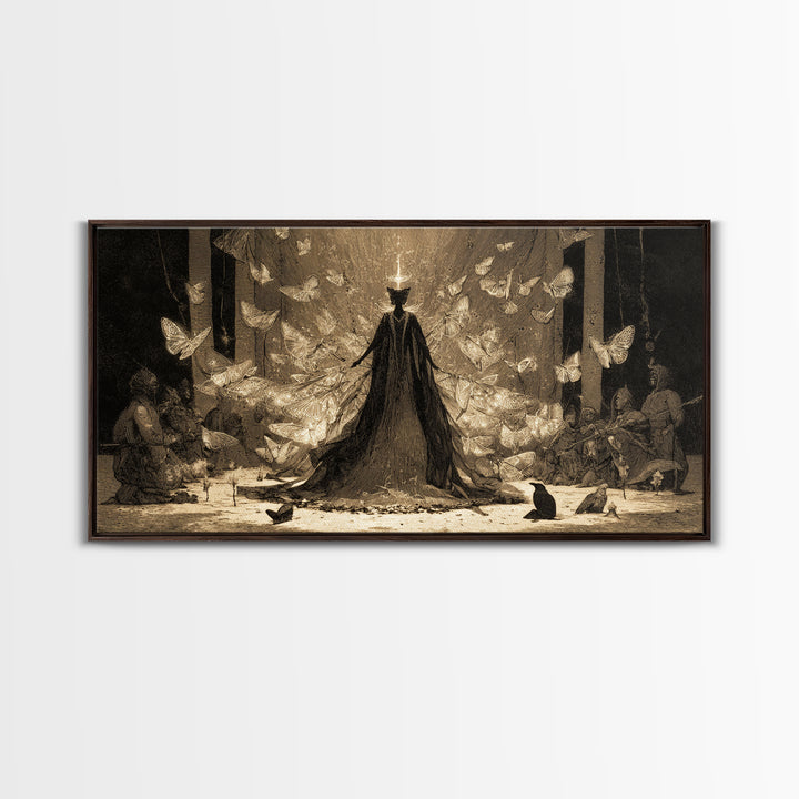 The Moth-Winged Empress, Expressionist Nightmare Art, Wide Panoramic Art, Dark Halloween Decor, Framed Canvas Print, Halloween Wall Art