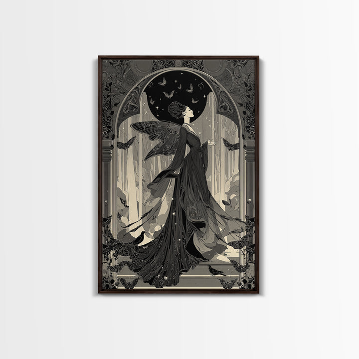 The Moth-Winged Empress, Decadent Line Art, Vertical Wall Art, Gothic Horror Wall Art, Framed Canvas Print, Halloween Wall Art