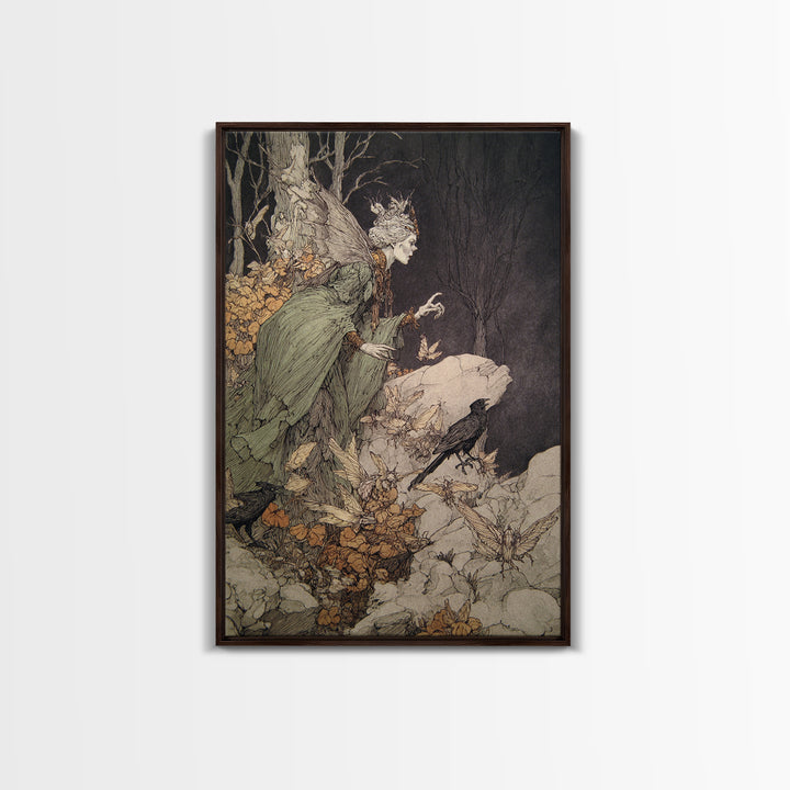The Moth-Winged Empress, Gothic Storybook Art, Vertical Wall Art, Macabre Wall Art, Framed Canvas Print, Halloween Wall Art
