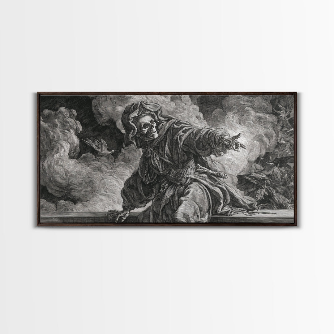The Ash-Covered Oracle, Danse Macabre Art, Wide Panoramic Art, Dark Fantasy Wall Art, Canvas Print, Halloween Wall Art