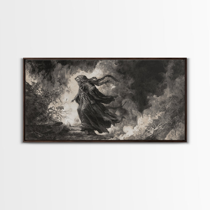 The Ash-Covered Oracle, Baroque Witchcraft Art, Wide Panoramic Art, Gothic Horror Wall Art, Framed Canvas Print, Halloween Wall Art