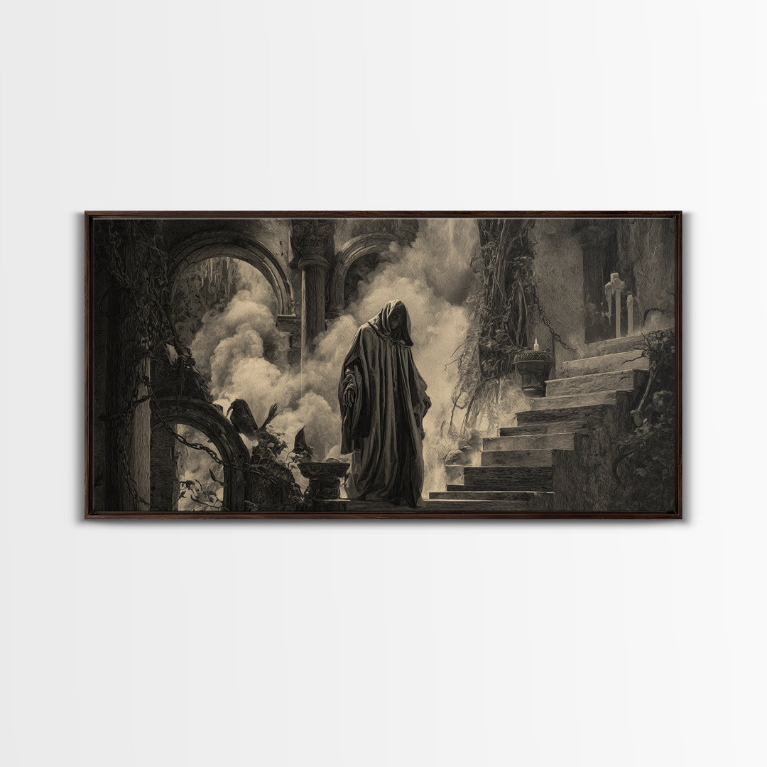 The Ash-Covered Oracle, Architectural Etching Art, Wide Panoramic Art, Dark Fantasy Wall Art, Framed Canvas Print