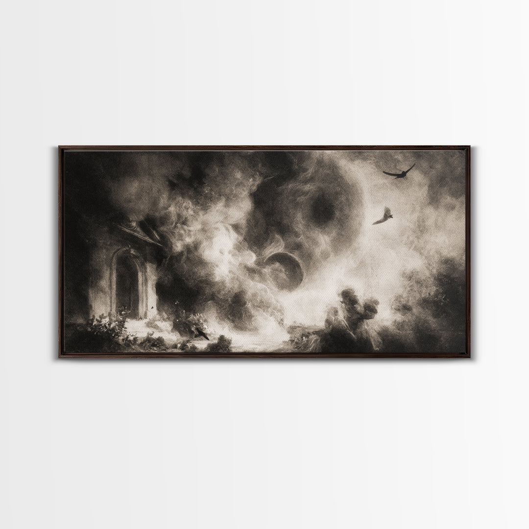 The Ash-Covered Oracle, Symbolist Dream Art, Wide Panoramic Art, Dark Halloween Decor, Framed Canvas Print, Halloween Wall Art