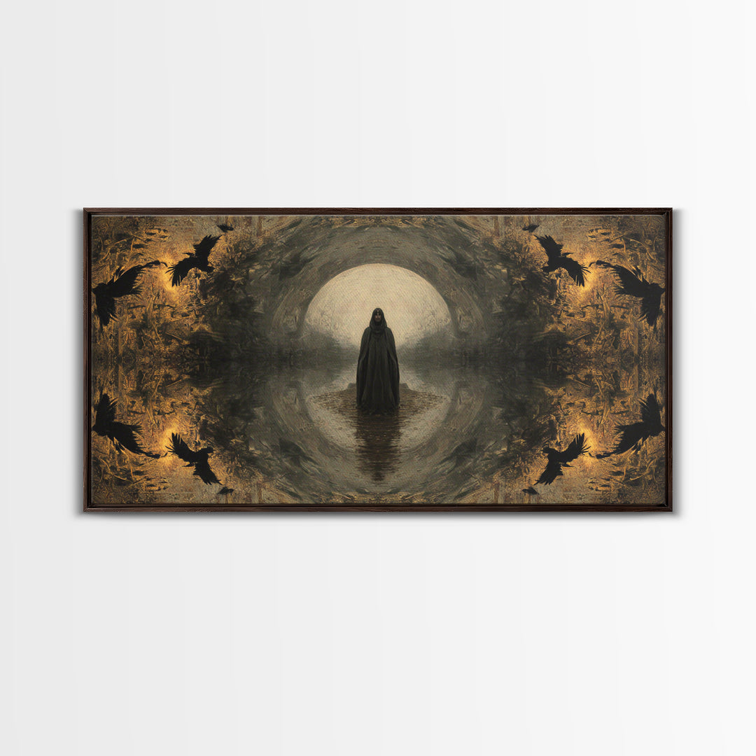 The Ash-Covered Oracle, Symbolist Gothic Landscape, Wide Panoramic Art, Dark Fantasy Wall Art, Canvas Print, Halloween Wall Art