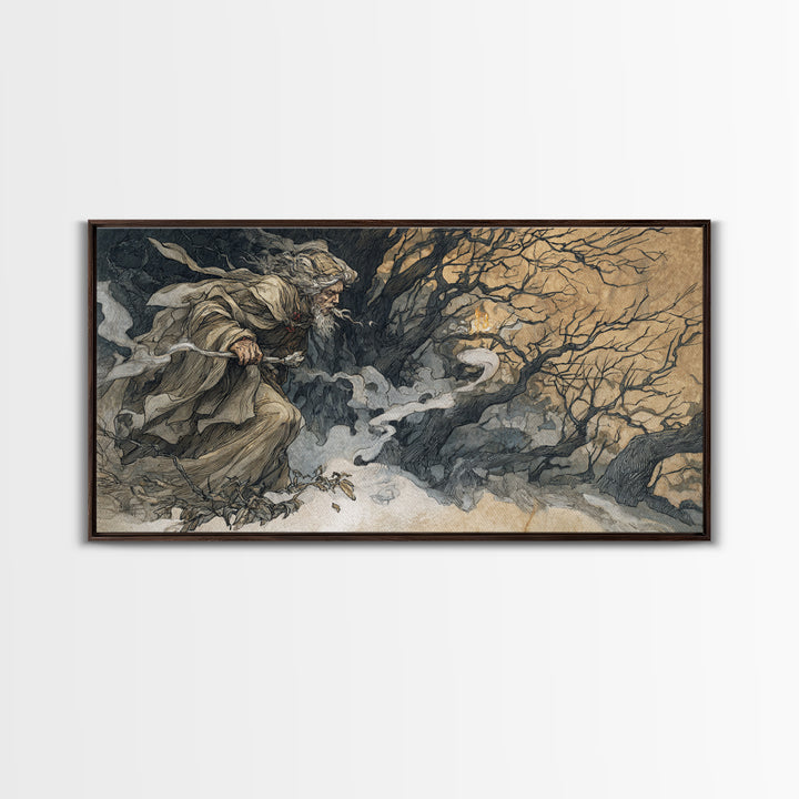 The Ash-Covered Oracle, Gothic Storybook Art, Wide Panoramic Art, Gothic Horror Wall Art, Framed Canvas Print, Halloween Wall Art