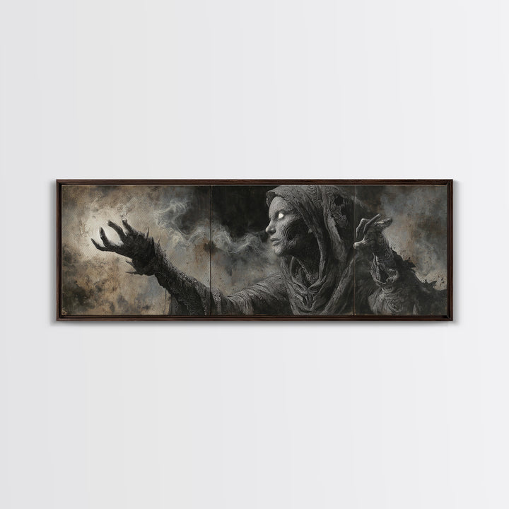 The Ash-Covered Oracle, Biomechanical Horror Art, Extra Wide Wall Art, Macabre Wall Art, Framed Canvas Print, Halloween Wall Art