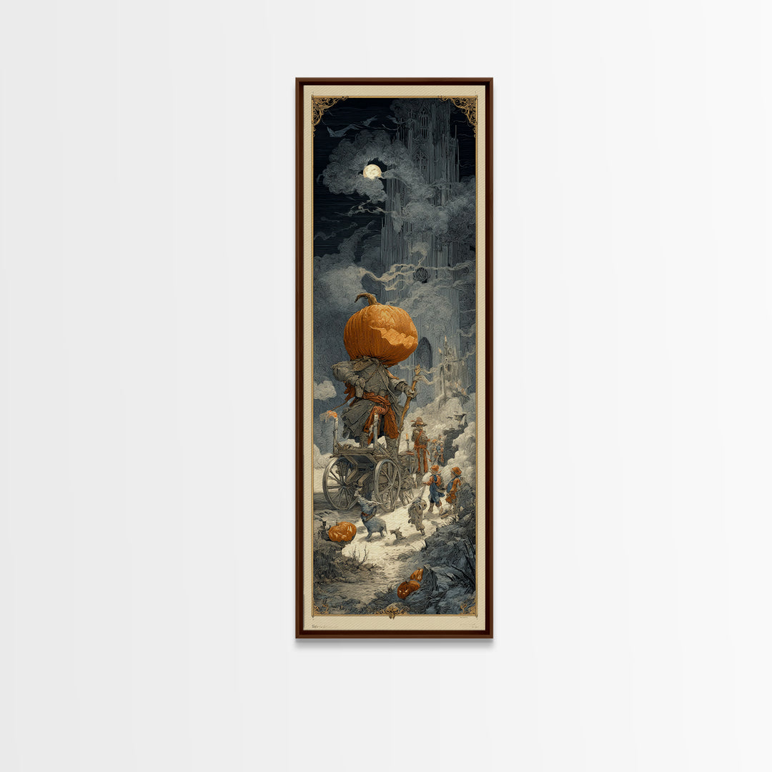 The Pumpkin-Headed Tea Merchant, Gothic Engraving Art, Tall Narrow Wall Art, Dark Fantasy Wall Art, Framed Canvas Print