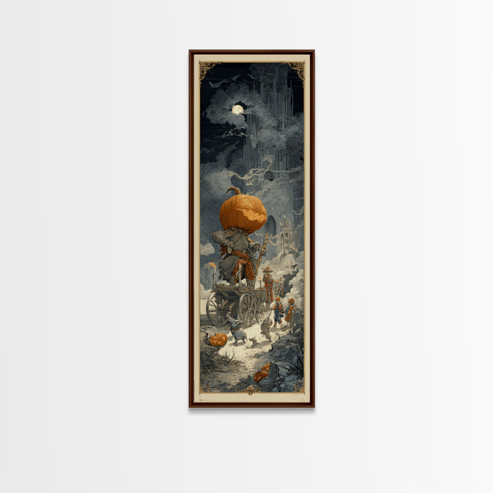 The Pumpkin-Headed Tea Merchant, Gothic Engraving Art, Tall Narrow Wall Art, Dark Fantasy Wall Art, Framed Canvas Print