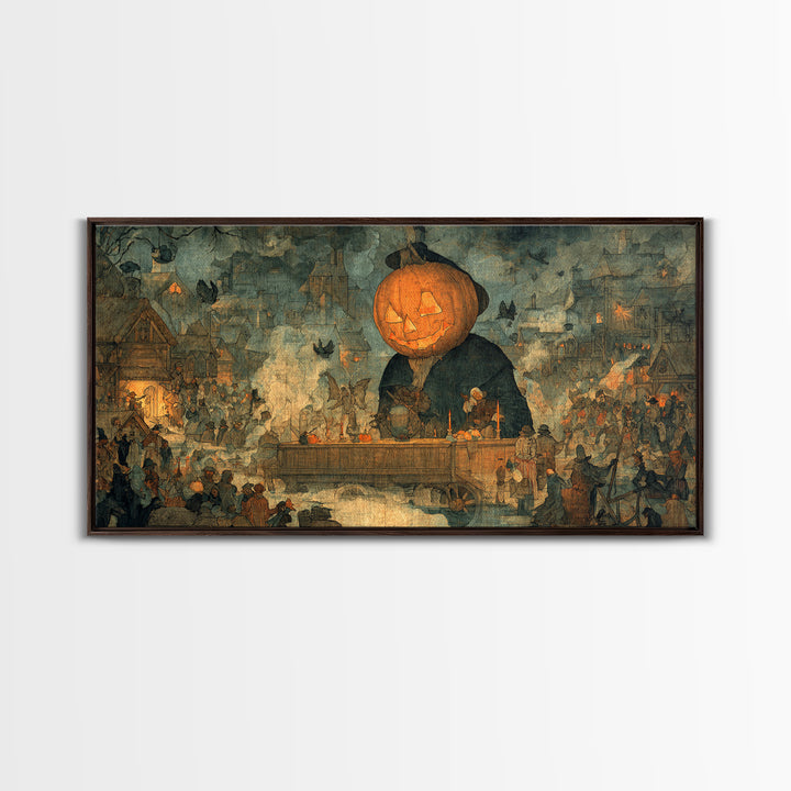 The Pumpkin-Headed Tea Merchant, Northern Renaissance Horror, Wide Panoramic Art, Gothic Horror Wall Art, Canvas Print
