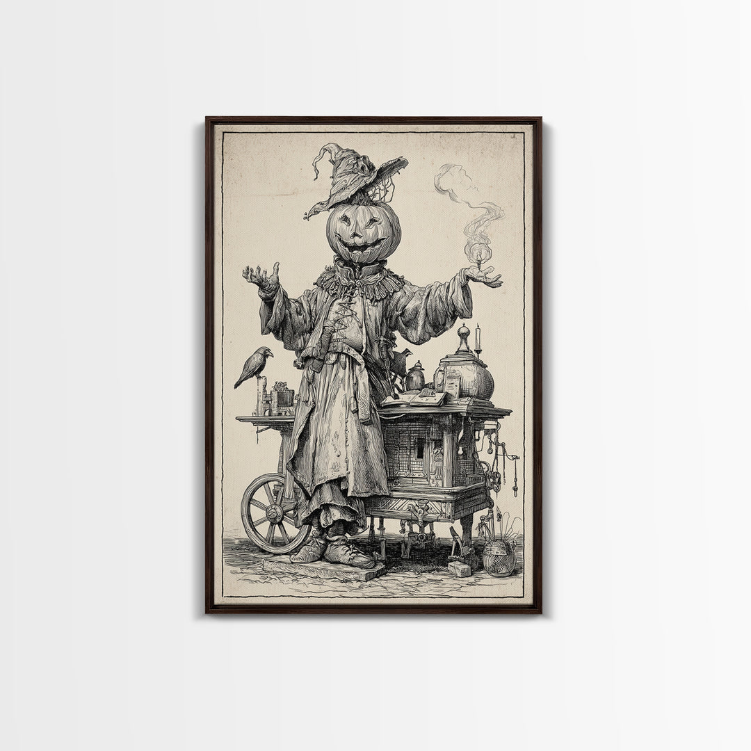 The Pumpkin-Headed Tea Merchant, Renaissance Engraving Art, Vertical Wall Art, Macabre Wall Art, Canvas Print, Halloween Wall Art