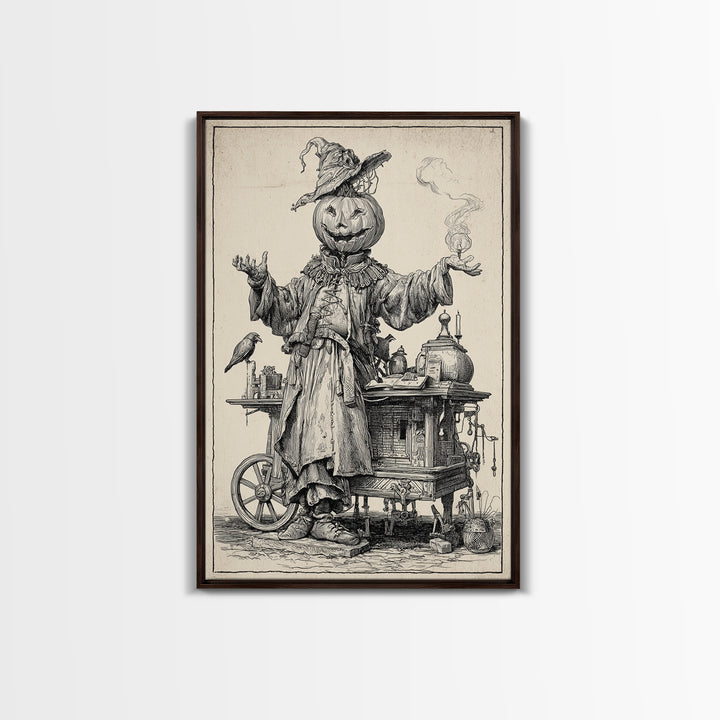 The Pumpkin-Headed Tea Merchant, Renaissance Engraving Art, Vertical Wall Art, Macabre Wall Art, Canvas Print, Halloween Wall Art