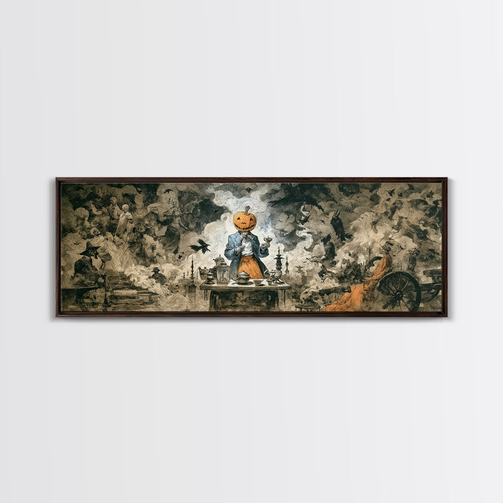 The Pumpkin-Headed Tea Merchant, Dark Romantic Horror Art, Extra Wide Wall Art, Gothic Horror Wall Art, Canvas Print, Halloween Wall Art