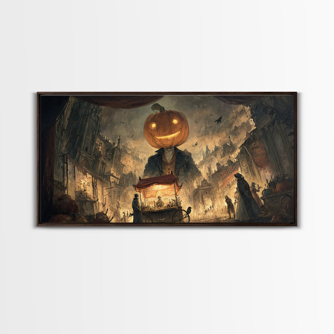 The Pumpkin-Headed Tea Merchant, Apocalyptic Romantic Art, Wide Panoramic Art, Dark Fantasy Wall Art, Framed Canvas Print, Halloween Decor