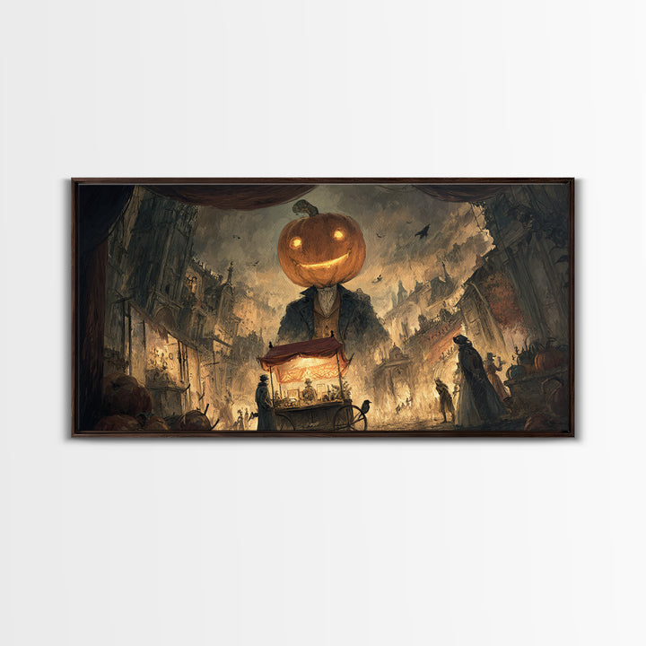 The Pumpkin-Headed Tea Merchant, Apocalyptic Romantic Art, Wide Panoramic Art, Dark Fantasy Wall Art, Framed Canvas Print, Halloween Decor