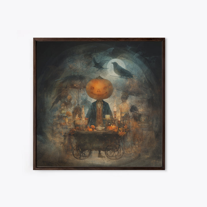 The Pumpkin-Headed Tea Merchant, Symbolist Dream Art, Square Wall Art, Dark Halloween Decor, Framed Canvas Print, Halloween Wall Art