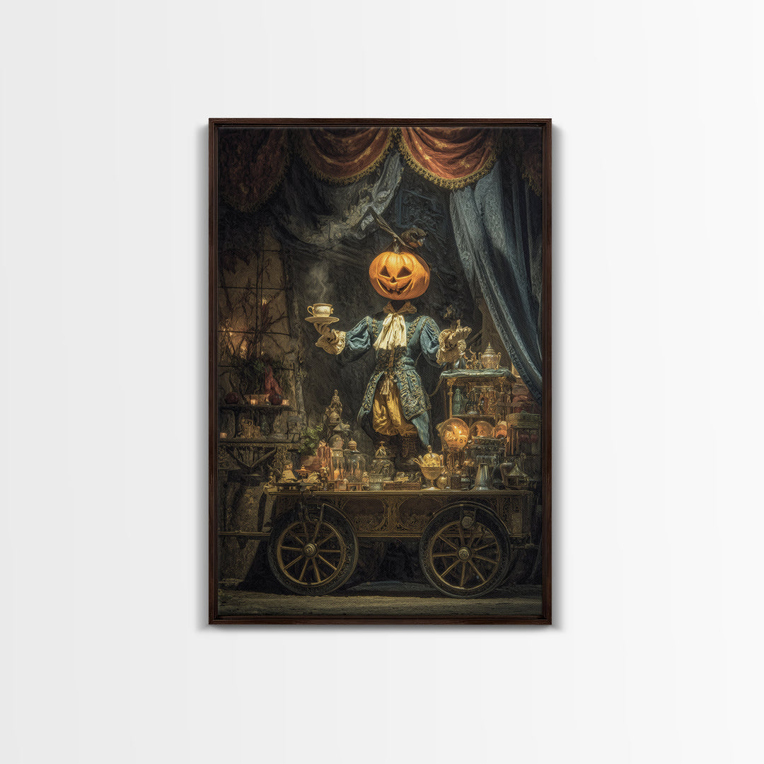 The Pumpkin-Headed Tea Merchant, Ornate Symbolist Art, Vertical Wall Art, Macabre Wall Art, Framed Canvas Print, Halloween Wall Art