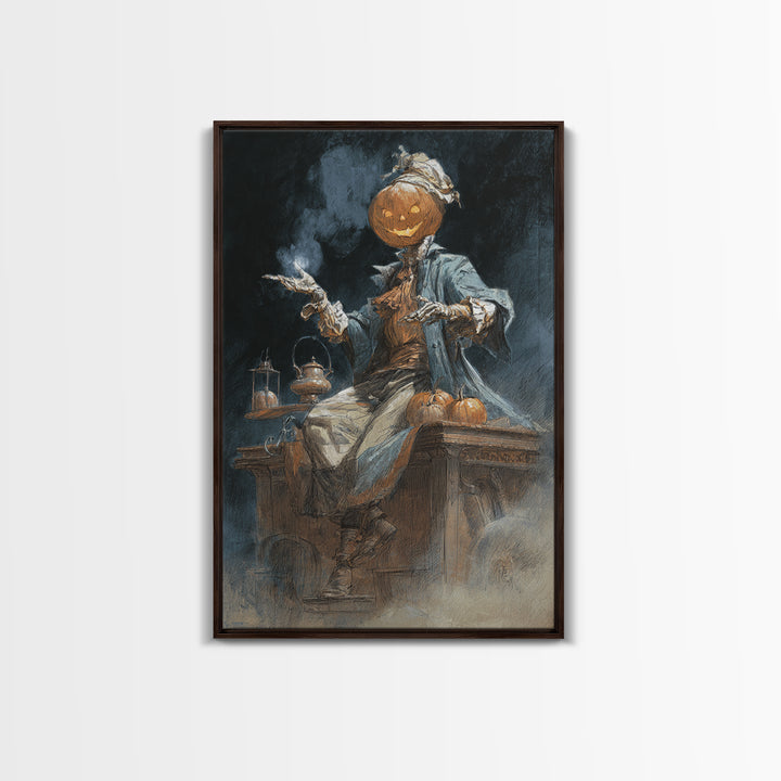 The Pumpkin-Headed Tea Merchant, Decadent Gothic Art, Vertical Wall Art, Dark Fantasy Wall Art, Canvas Print, Halloween Wall Art