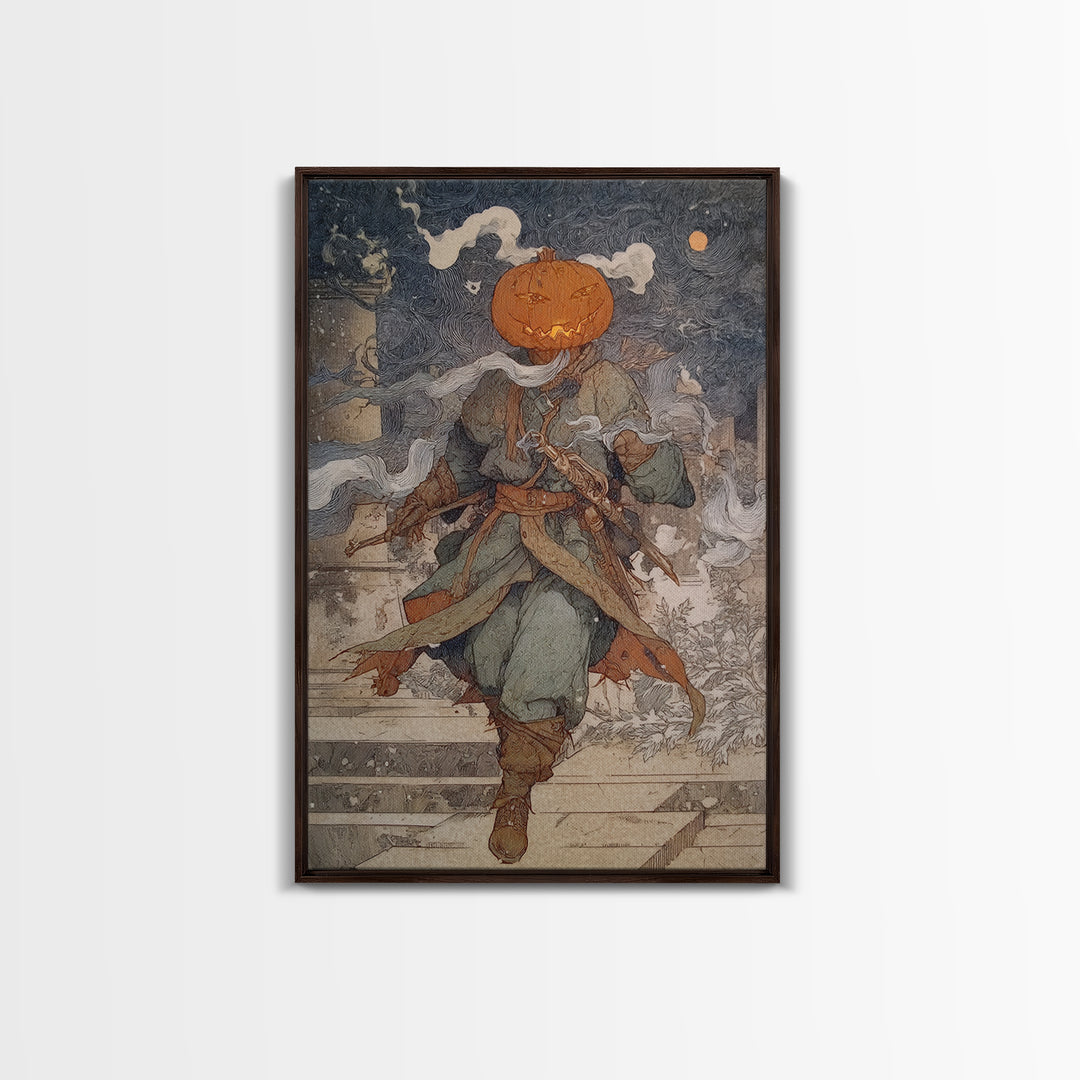 The Pumpkin-Headed Tea Merchant, Symbolist Death Art, Vertical Wall Art, Macabre Wall Art, Canvas Print, Halloween Wall Art