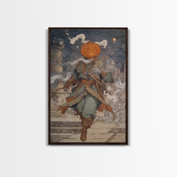 The Pumpkin-Headed Tea Merchant, Symbolist Death Art, Vertical Wall Art, Macabre Wall Art, Canvas Print, Halloween Wall Art