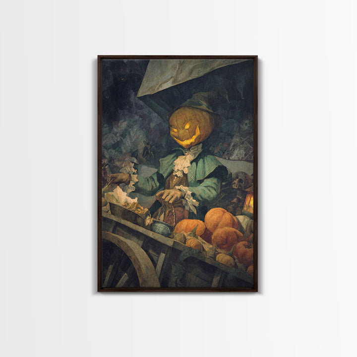The Pumpkin-Headed Tea Merchant, Dark Symbolist Art, Vertical Wall Art, Dark Halloween Decor, Canvas Print, Halloween Wall Art