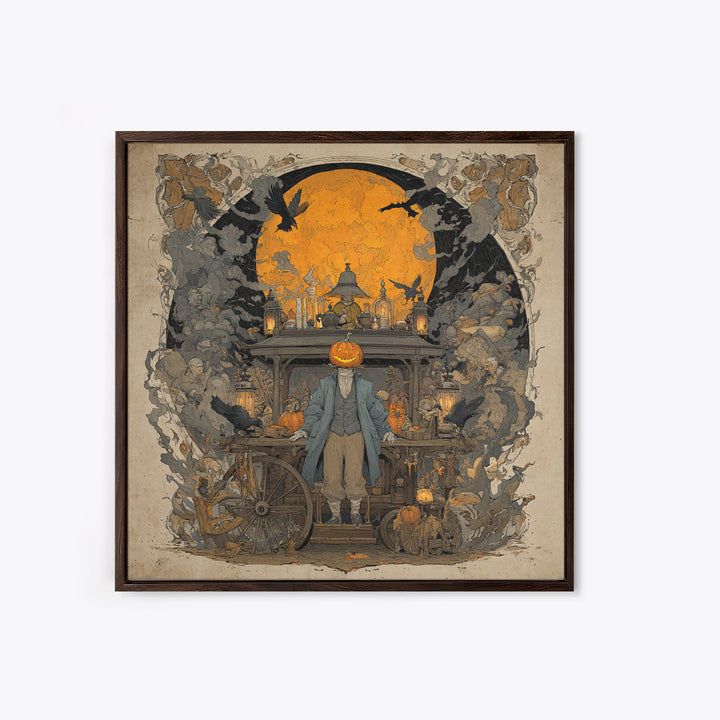 The Pumpkin-Headed Tea Merchant, Symbolist Etching Art, Square Wall Art, Macabre Wall Art, Framed Canvas Print, Halloween Wall Art
