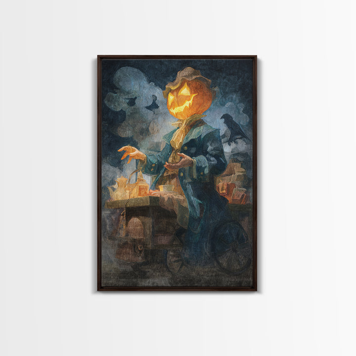 The Pumpkin-Headed Tea Merchant, Expressionist Gothic Art, Vertical Wall Art, Dark Halloween Decor, Canvas Print, Halloween Wall Art