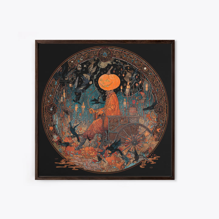 The Pumpkin-Headed Tea Merchant, Stained Glass Gothic Art, Square Wall Art, Macabre Wall Art, Canvas Print, Halloween Wall Art