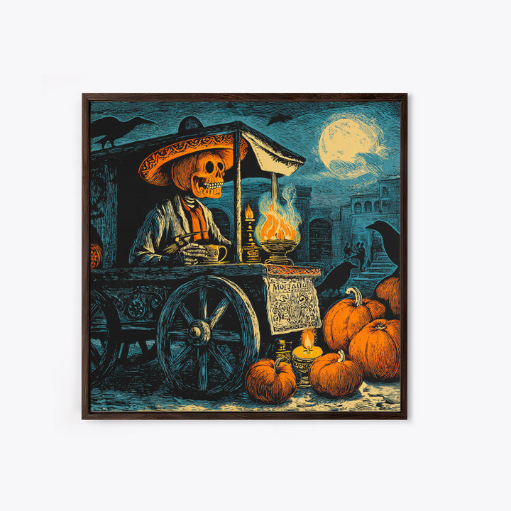 The Pumpkin-Headed Tea Merchant, Macabre Folk Print Art, Square Wall Art, Dark Halloween Decor, Canvas Print, Halloween Wall Art