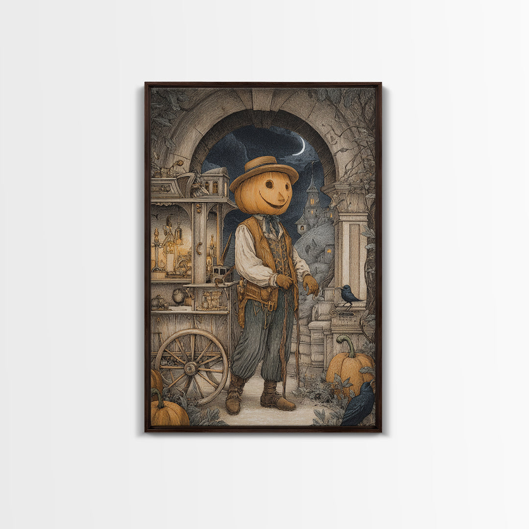 The Pumpkin-Headed Tea Merchant, Victorian Macabre Art, Vertical Wall Art, Macabre Wall Art, Framed Canvas Print, Halloween Wall Art