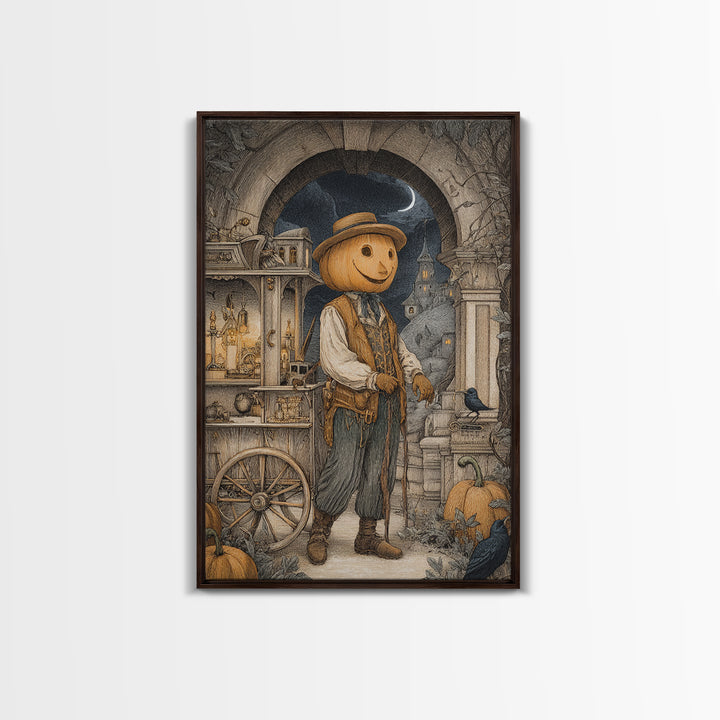 The Pumpkin-Headed Tea Merchant, Victorian Macabre Art, Vertical Wall Art, Macabre Wall Art, Framed Canvas Print, Halloween Wall Art